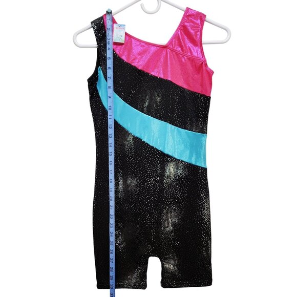 Girls Shiny Gymnastics Tank Leotard With Pink Black & Blue Panels Size 14-15 - Picture 4 of 6